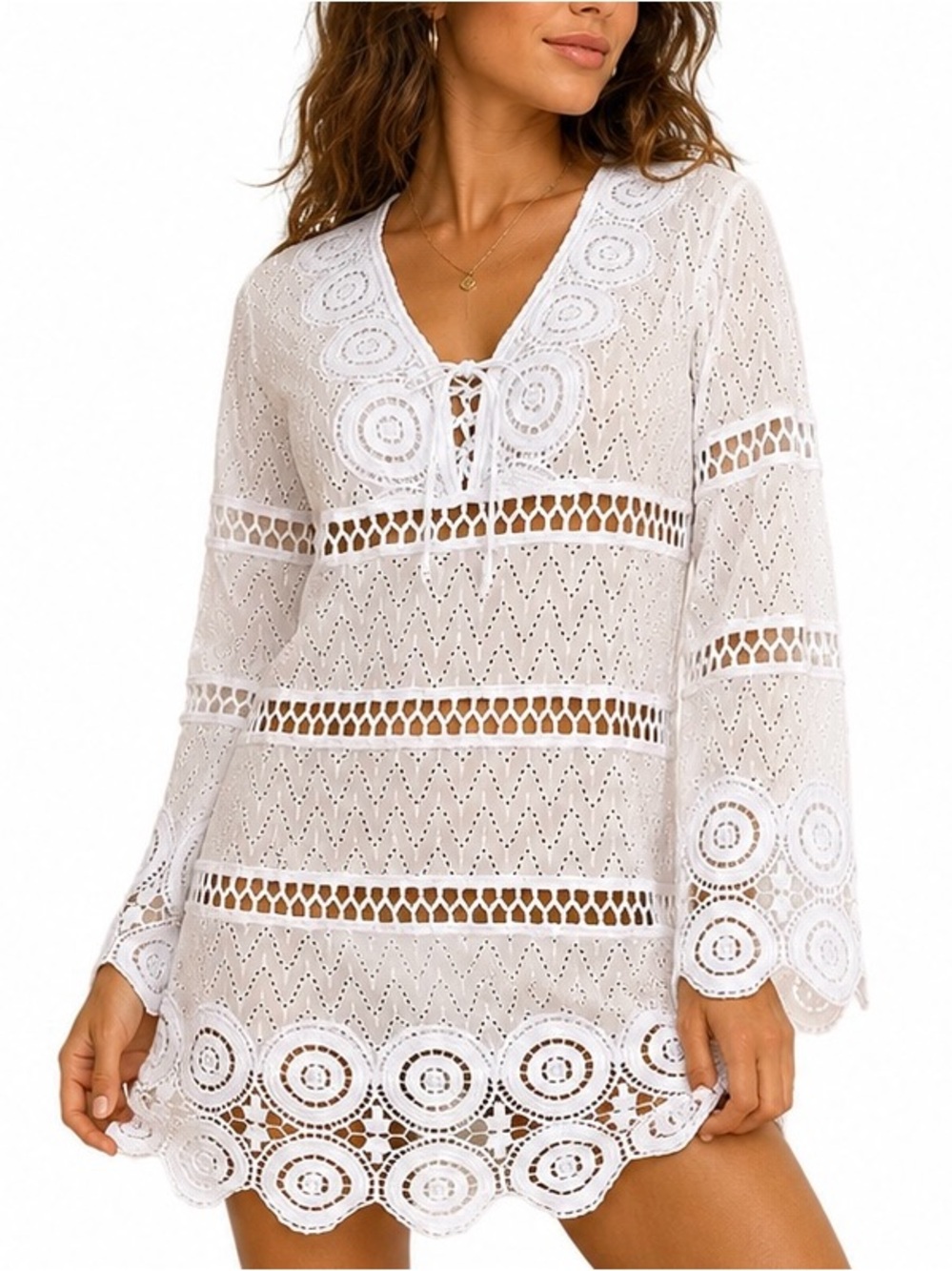 Theodora Positano White Eyelet Crochet Tunic Cover-Up Dress Made in Italy Size M